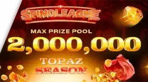 Изображение, рекламирующее турнир Spinoleague Topaz Season в Банда с призовым фондом в 2 миллиона евро на фоне огненной сцены.